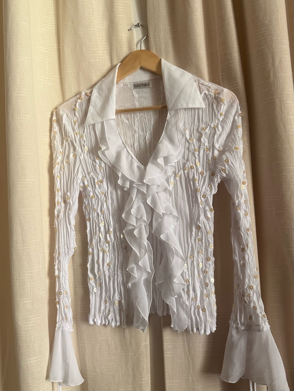 Y2K White Ruffled Sequin-Embellished Button-Up Blouse
